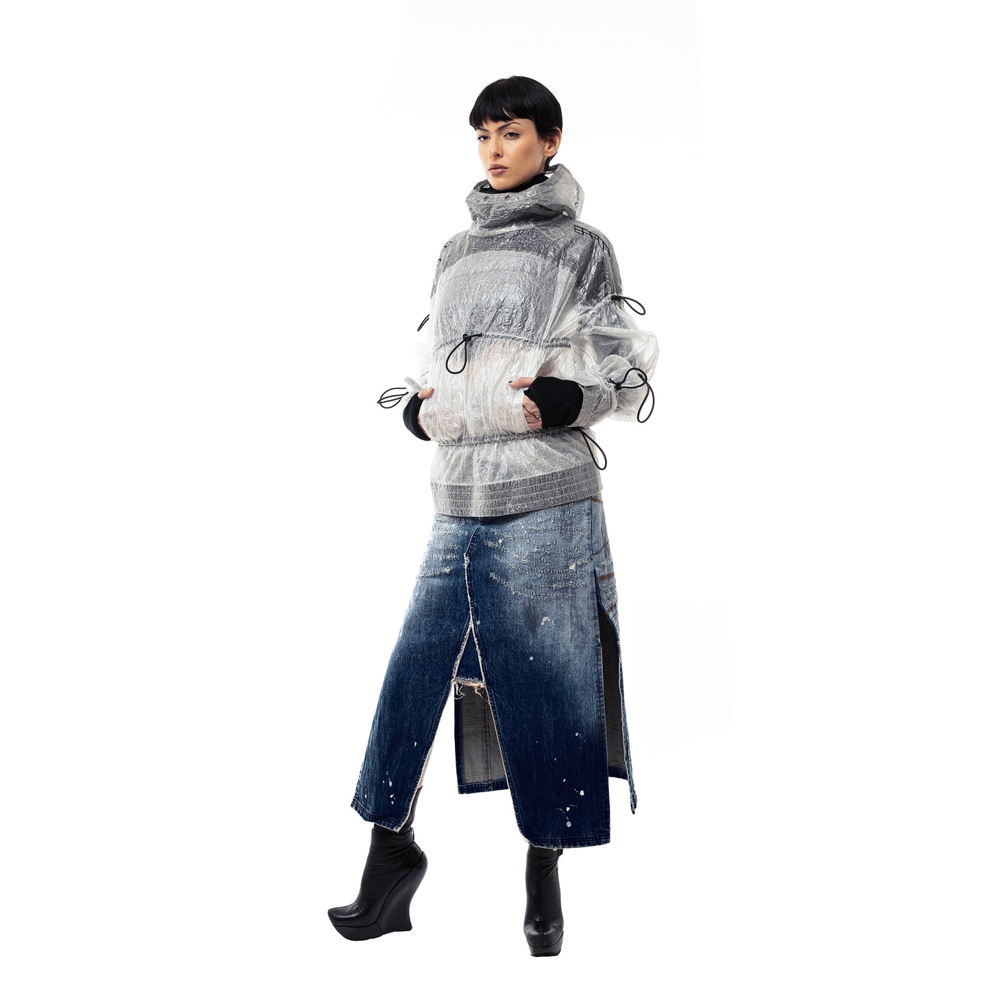 INUIT : Etched Distressed Denim Skirt (Dark Blue)