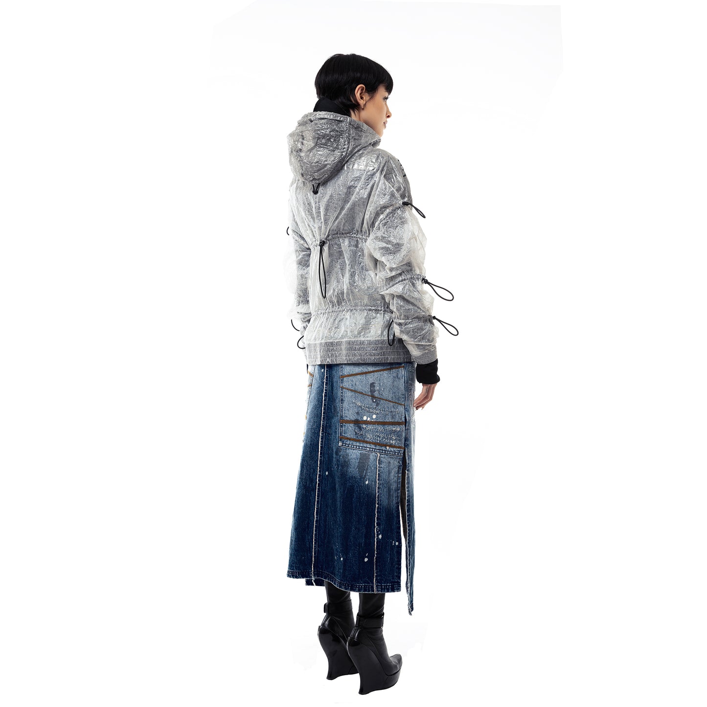 INUIT : Etched Distressed Denim Skirt (Dark Blue)