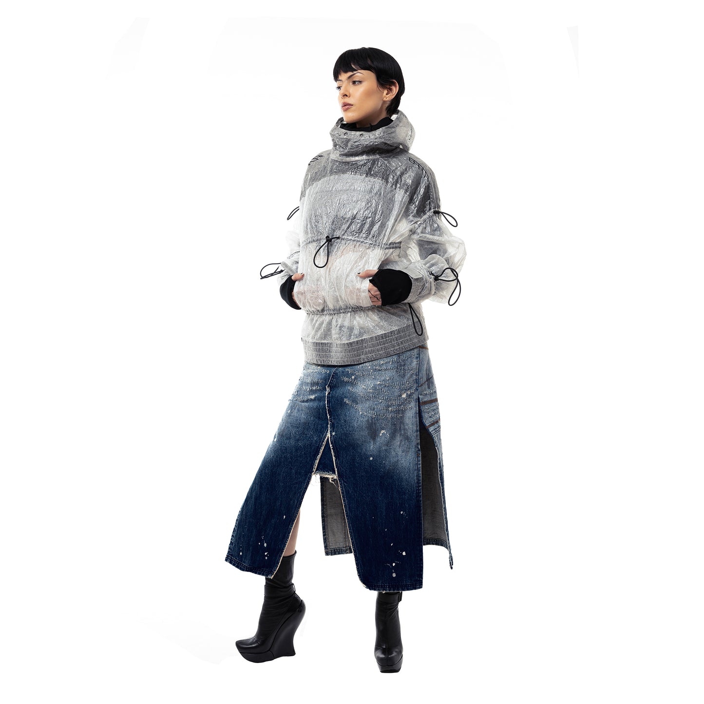 INUIT : Etched Distressed Denim Skirt (Dark Blue)