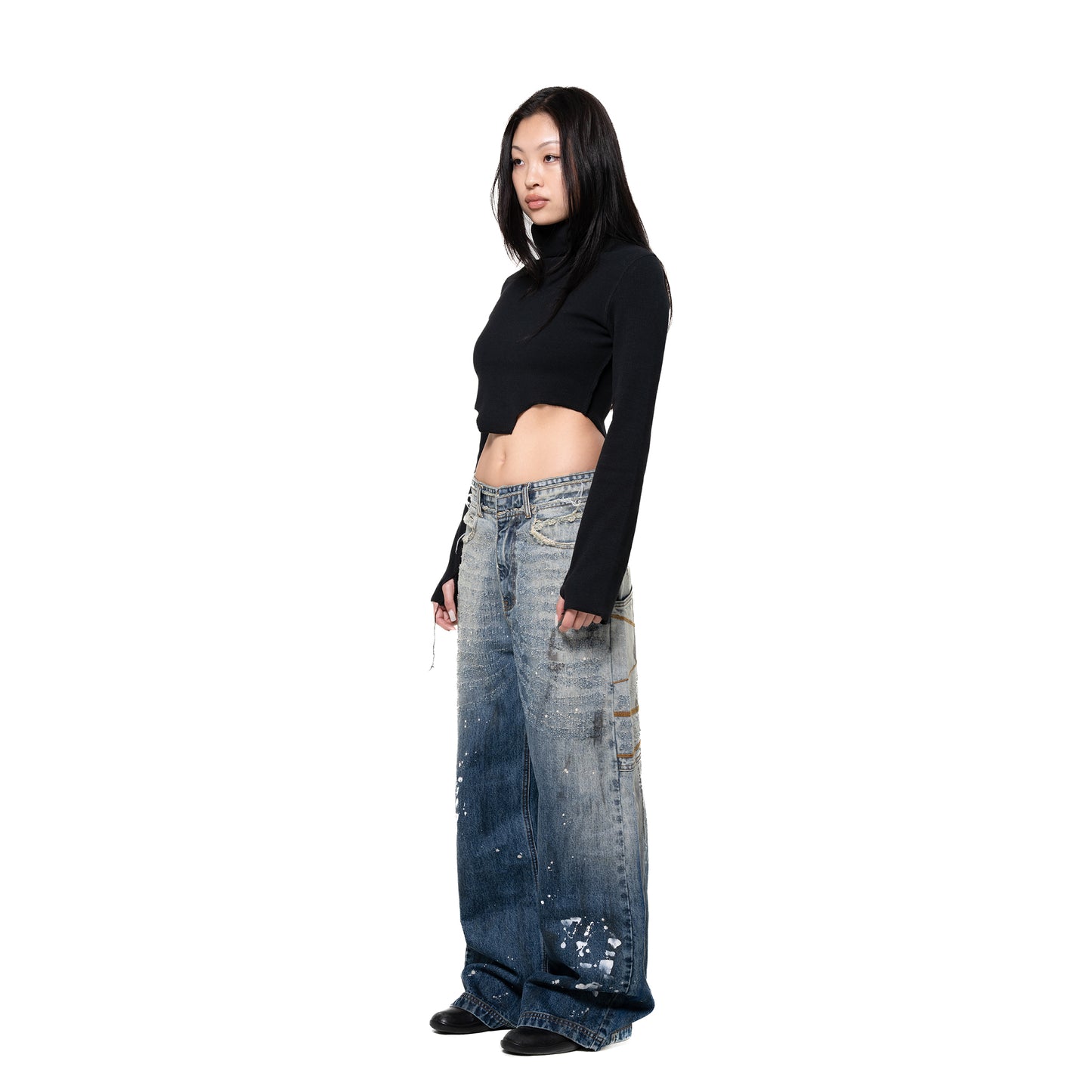INUIT : Etched Distressed Denim Pants (Dark Blue)
