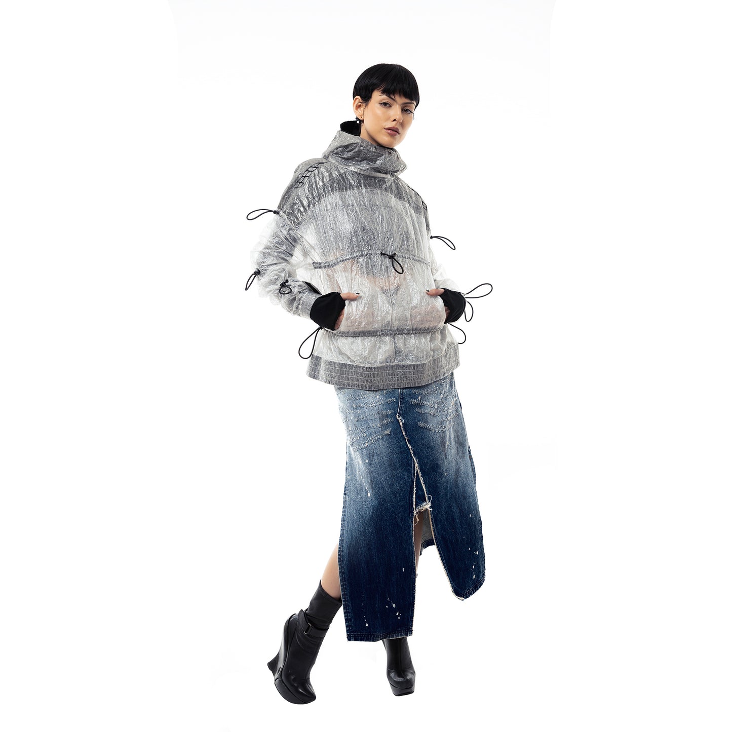 INUIT : Etched Distressed Denim Skirt (Dark Blue)