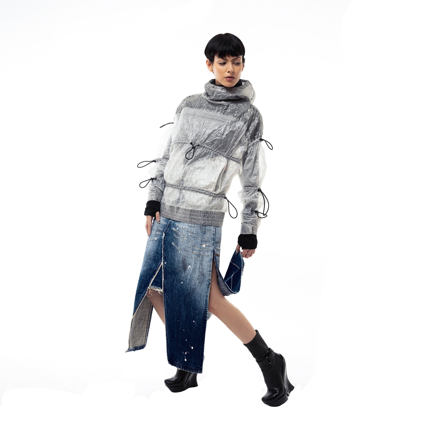 INUIT : Etched Distressed Denim Skirt (Dark Blue)