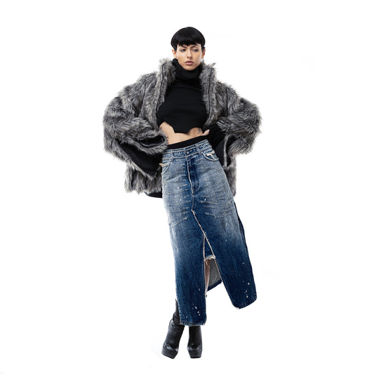 INUIT : Etched Distressed Denim Skirt (Dark Blue)