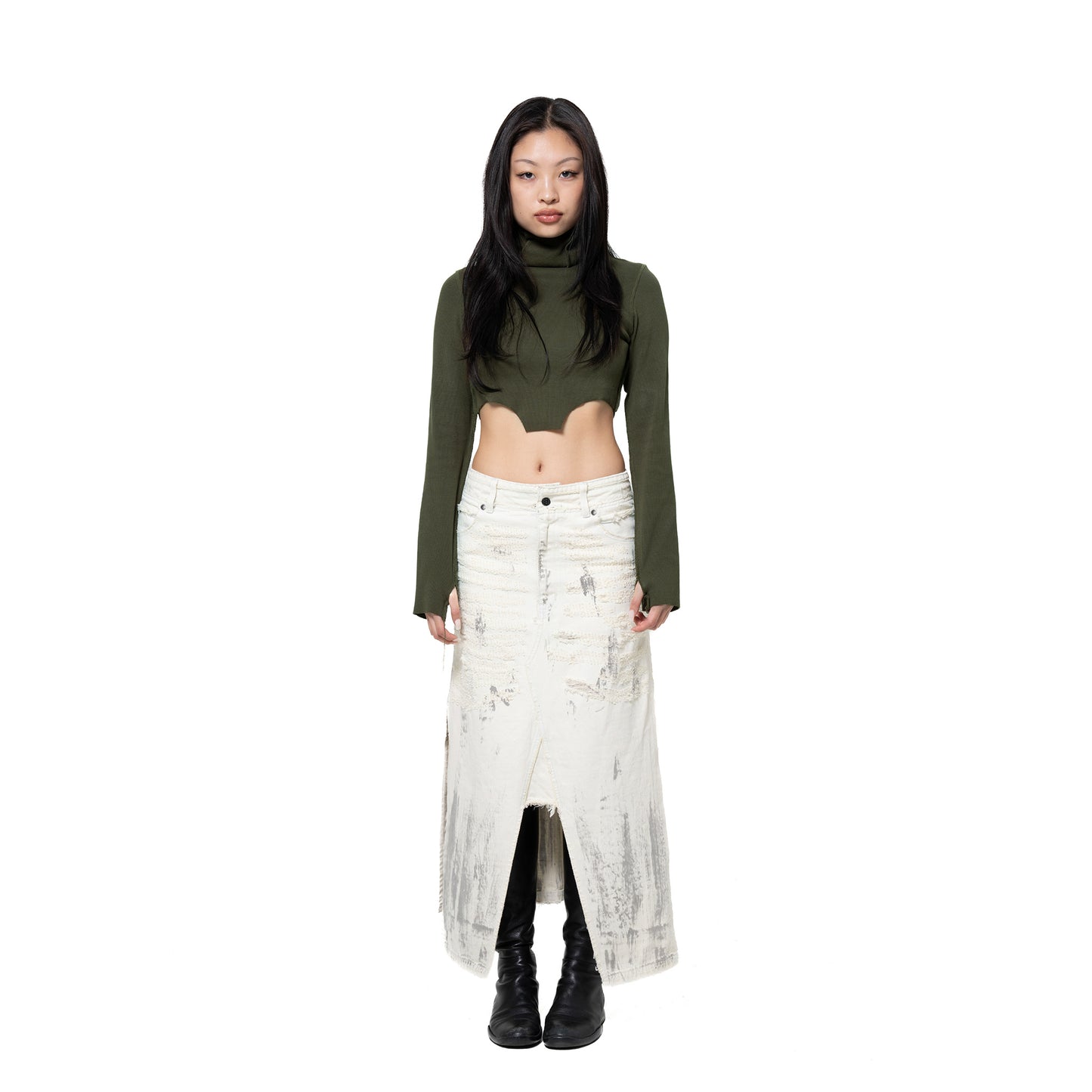 INUIT : Etched Distressed Denim Skirt (White)