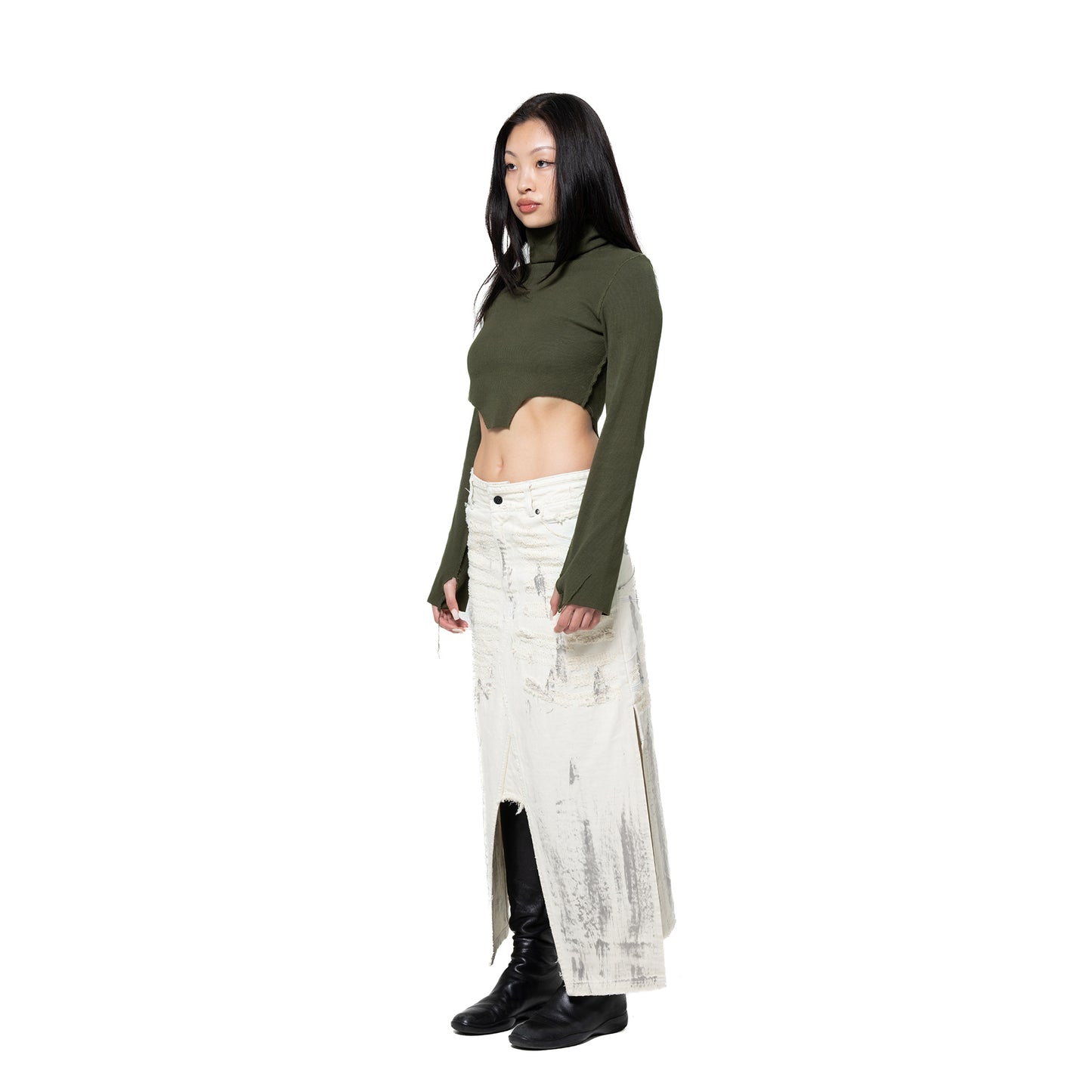 INUIT : Etched Distressed Denim Skirt (White)
