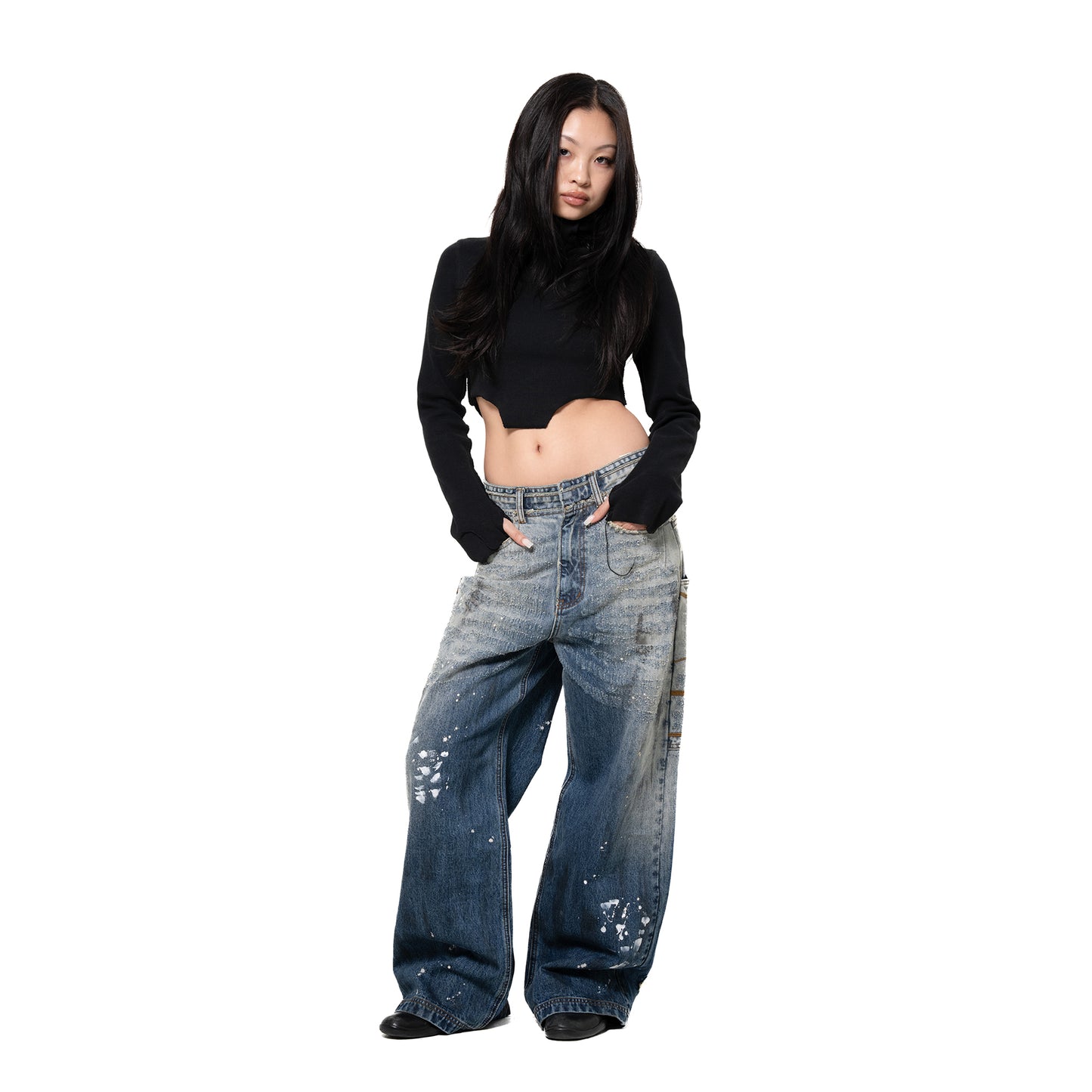 INUIT : Etched Distressed Denim Pants (Dark Blue)