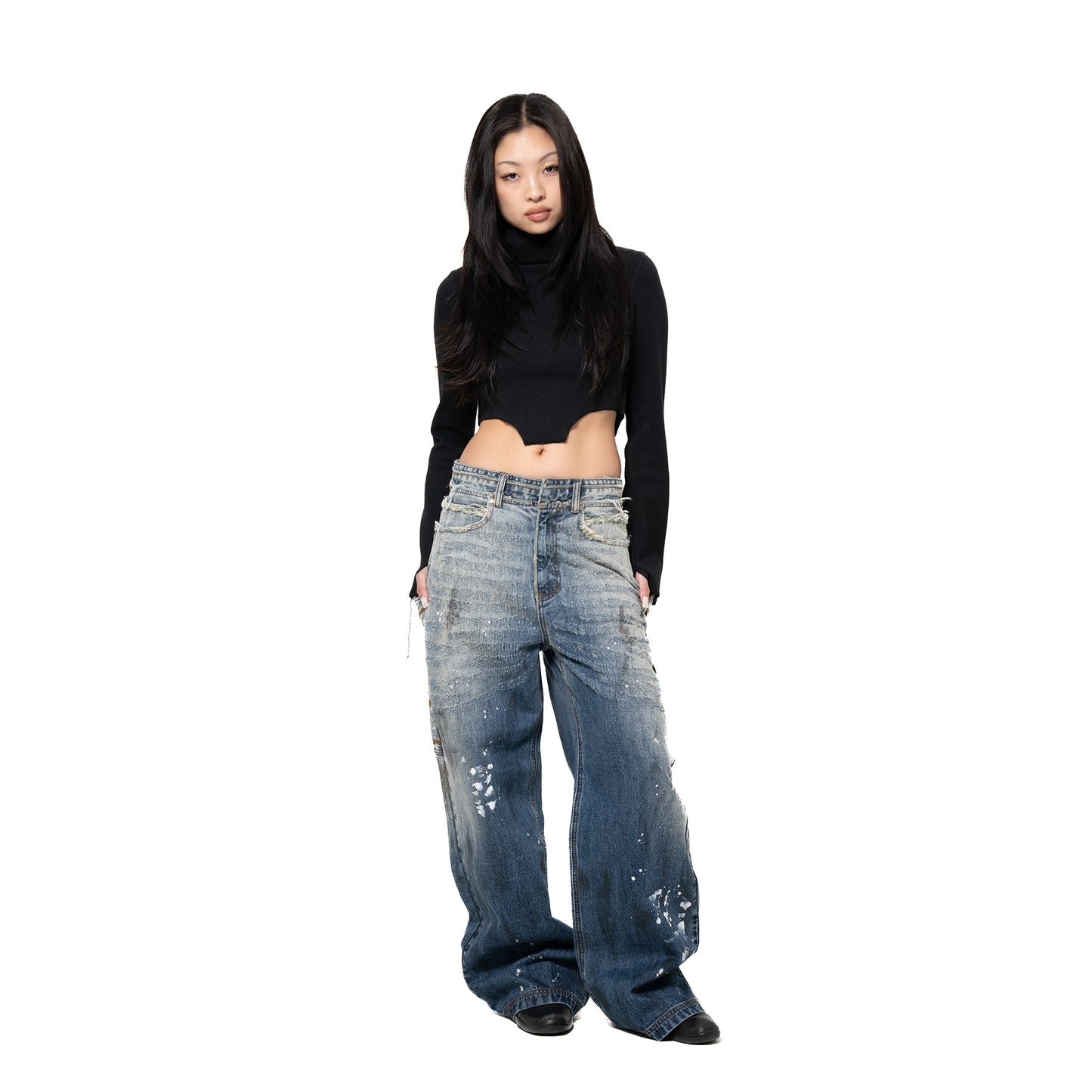INUIT : Etched Distressed Denim Pants (Dark Blue)