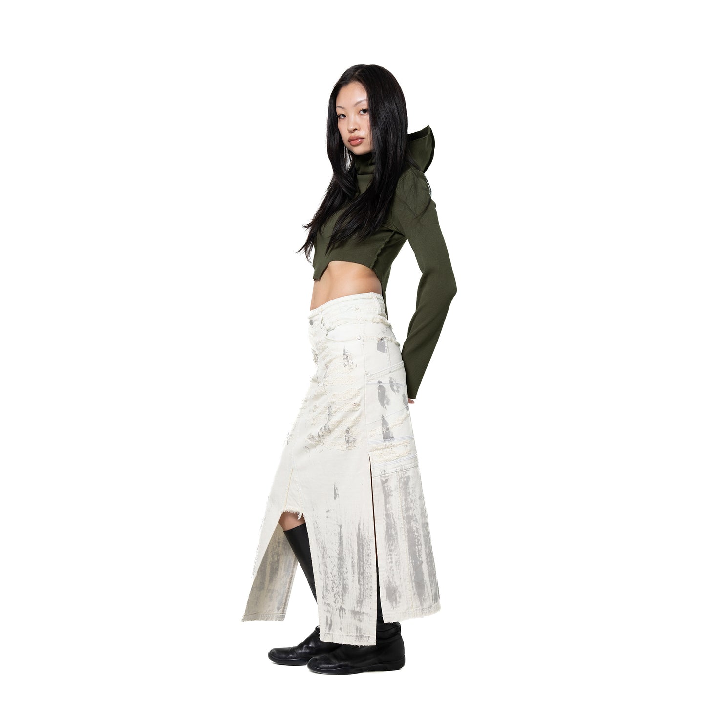 INUIT : Etched Distressed Denim Skirt (White)