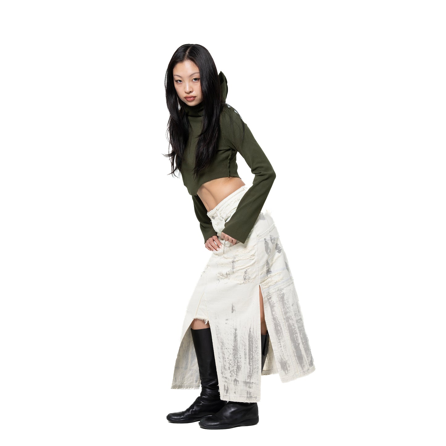 INUIT : Etched Distressed Denim Skirt (White)