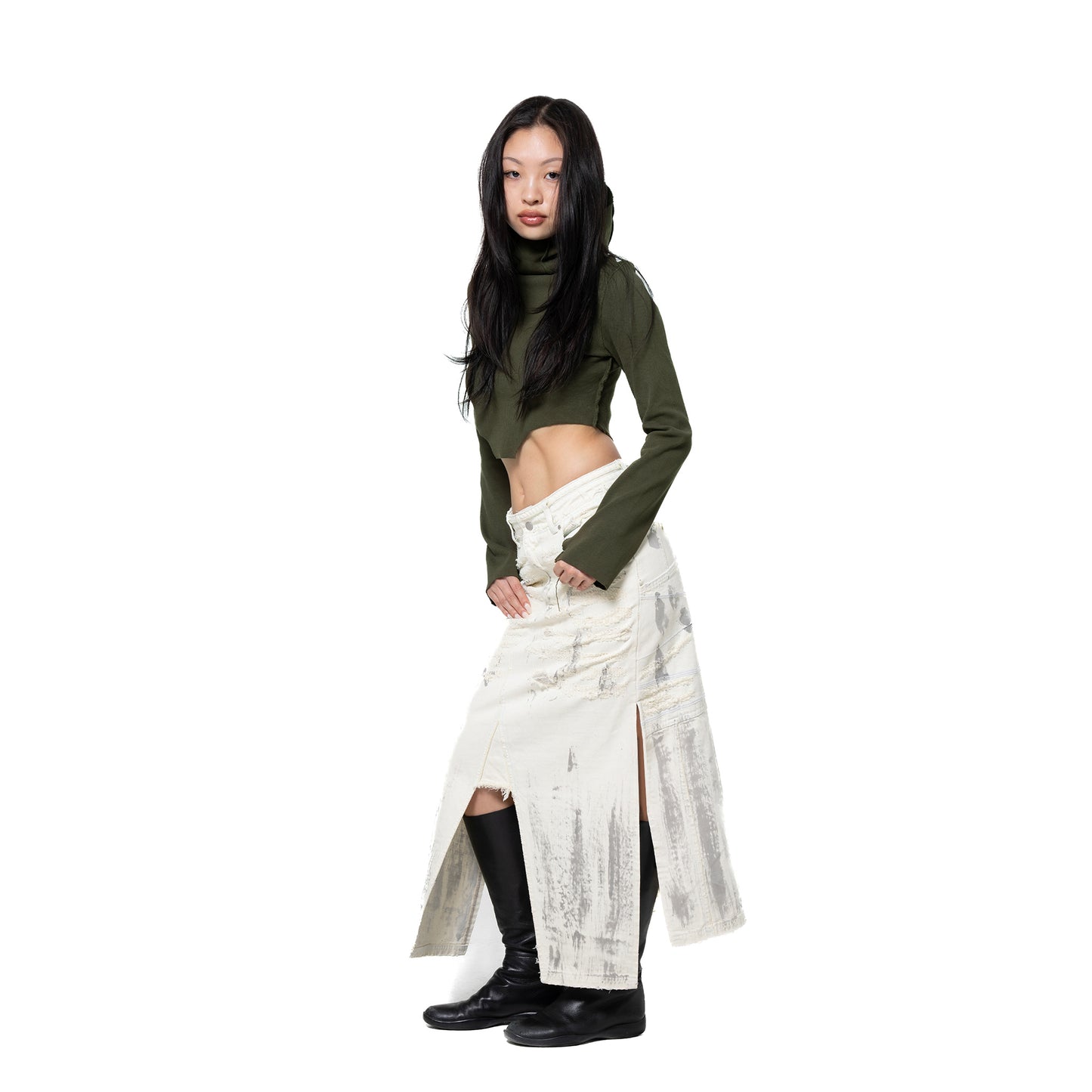 INUIT : Etched Distressed Denim Skirt (White)