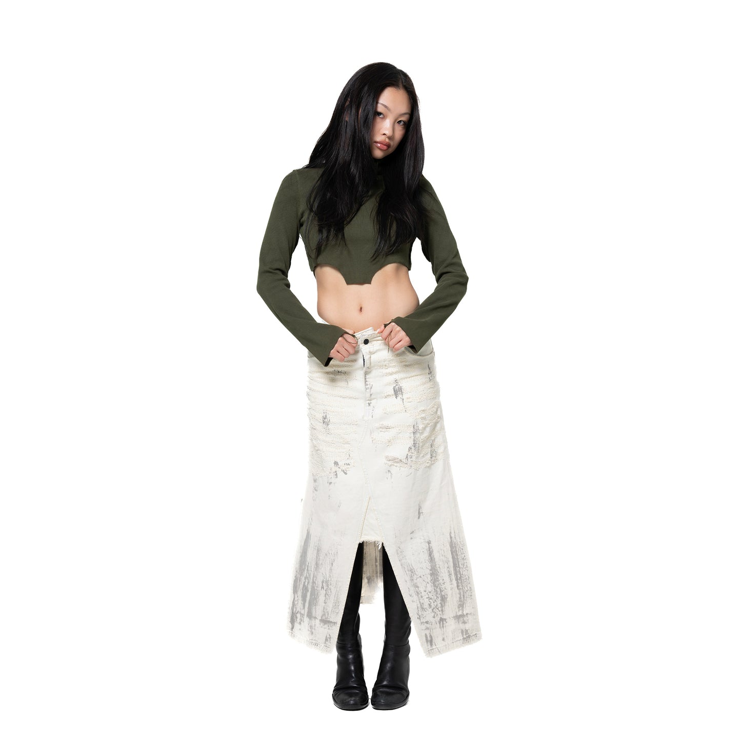 INUIT : Etched Distressed Denim Skirt (White)