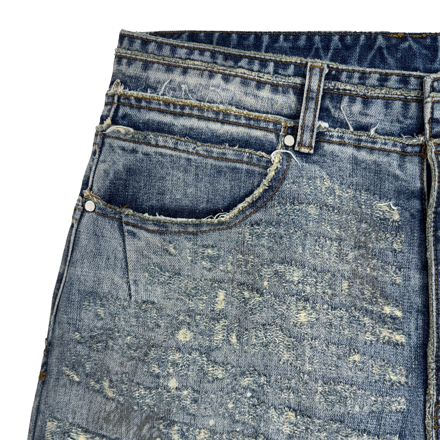 INUIT : Etched Distressed Denim Pants (Dark Blue)