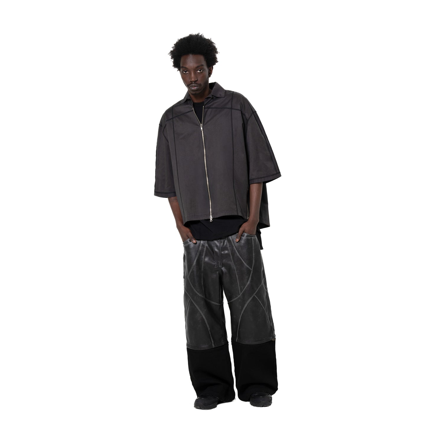 ERROR NYC: Vertical Frame Wide Zip-up Shirt (Dark Gray)
