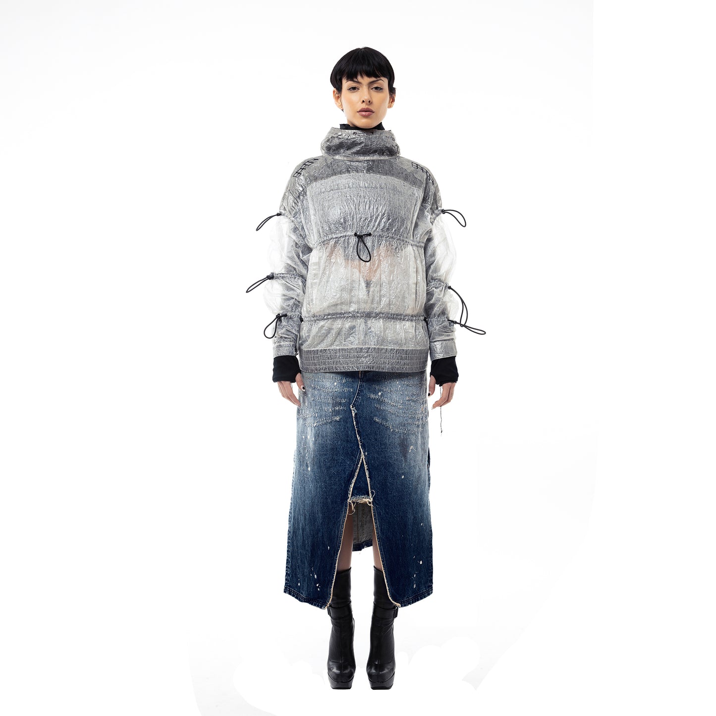 INUIT : Etched Distressed Denim Skirt (Dark Blue)