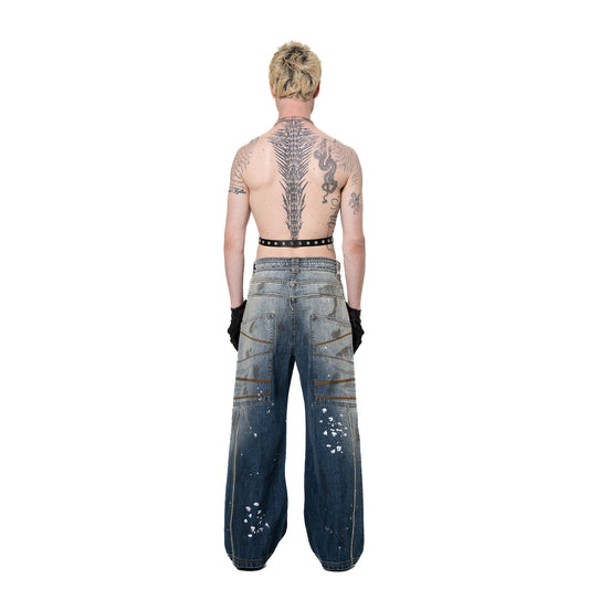 INUIT : Etched Distressed Denim Pants (Dark Blue)