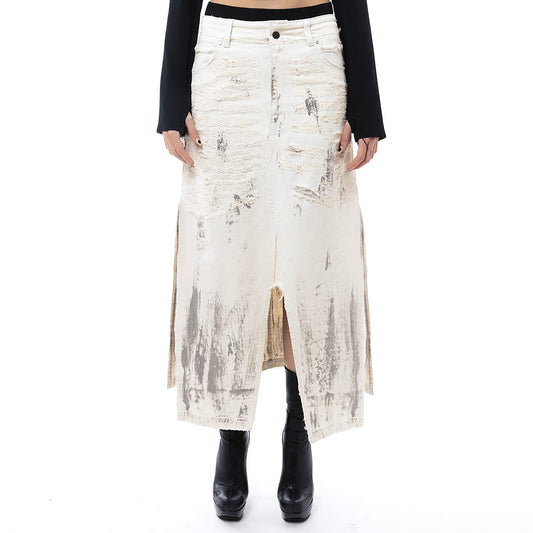 INUIT : Etched Distressed Denim Skirt (White)