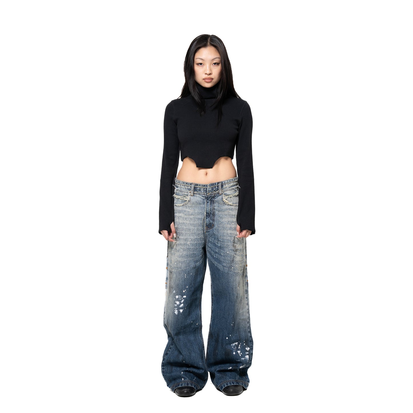 INUIT :  Etched Distressed Denim Pants (Dark Blue)