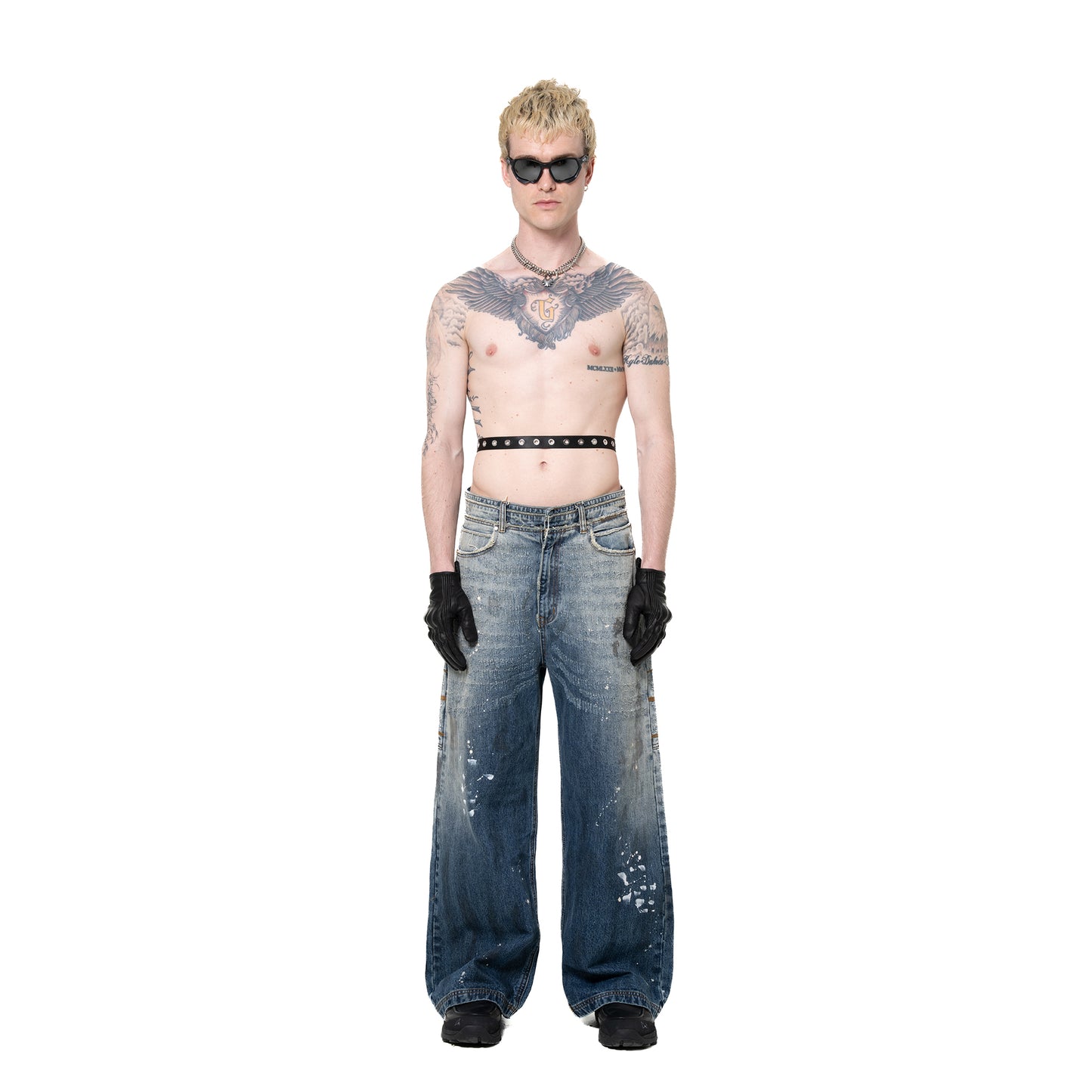 INUIT :  Etched Distressed Denim Pants (Dark Blue)